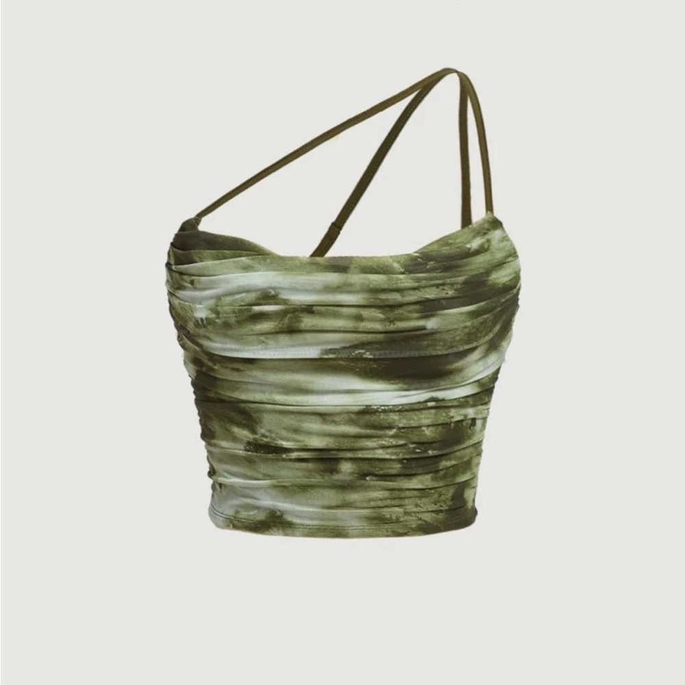 Retro Green Tie Dye One Shoulder Ruched Crop Top